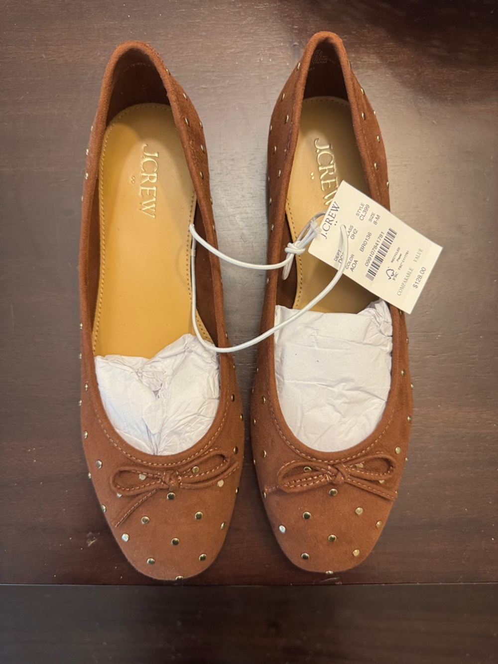 J. Crew Brown Suede Studded Ballet Flats with Bow